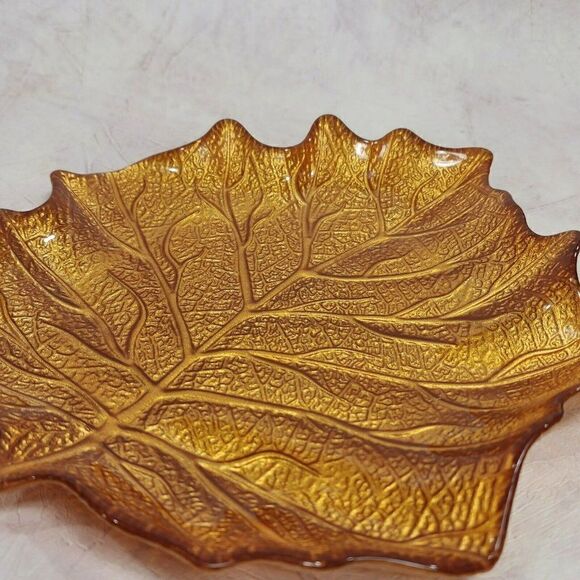 1  Autumn Harvest Leaf Glass Plates Gold Metallic Back - Picture 8 of 10